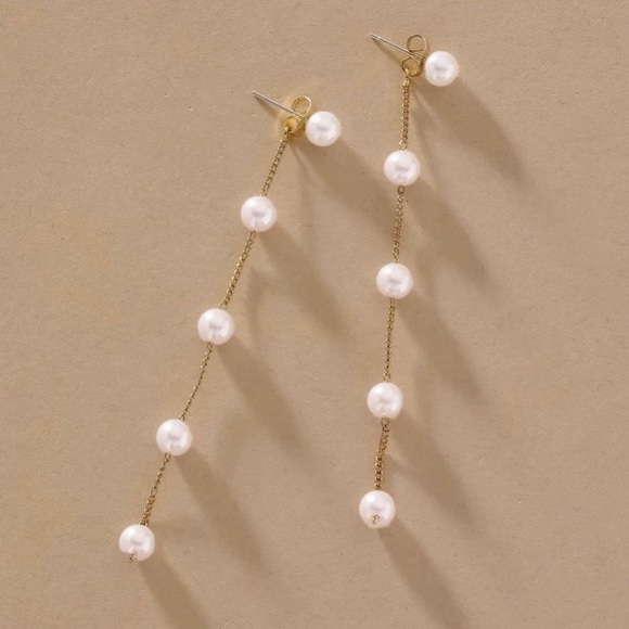 925 Sterling Silver Pearl Link Drop Stud Earrings - Picture 3 of 7